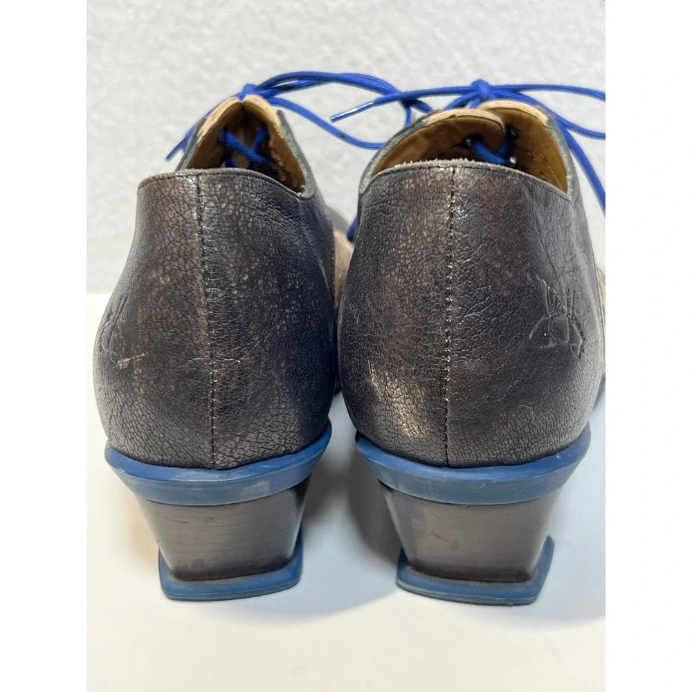 John Fluevog Leather Lace Up Oxford Heels Brown Tan Blue Size 8.5 Portugal
